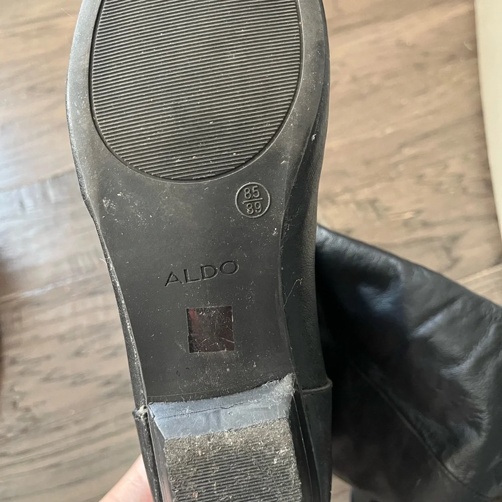 Aldo Black Knee-High Leather Boots with Ankle Buckle Detail
